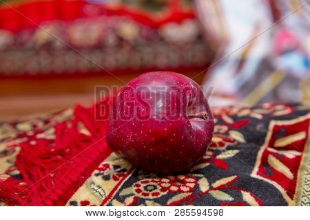 Full Depth Of Field. Autumn Harvest Concept - Fresh Ripe Organic Red Apple , Dark Stone Background. 