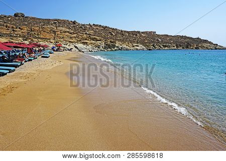 Mykonos, Greece, September 10 2018, Lia Beach Is A Tourist Resort Far From Chora But Perhaps It Is T