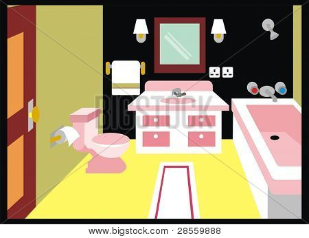  WC (Bad) inkl. Spiegel, Lampe, Handtuch, Tissue-Papier, Badewanne, Dusche, Teppich, Tür, l