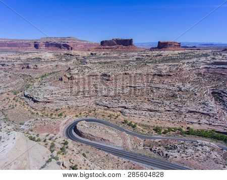 Mesa And Canyon Landscape And Utah State Route 313 Aerial View Near Arches National Park, Moab, Utah