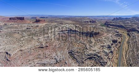 Mesa And Canyon Landscape And Utah State Route 313 Panorama Aerial View Near Arches National Park, M