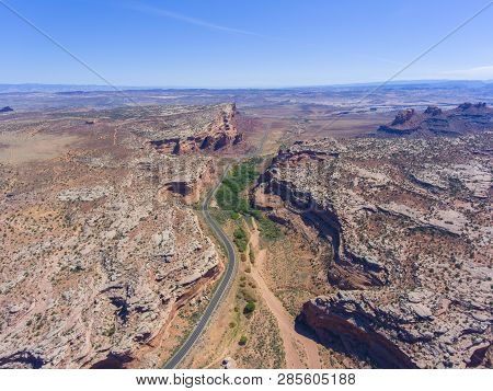 Mesa And Canyon Landscape And Utah State Route 313 Aerial View Near Arches National Park, Moab, Utah