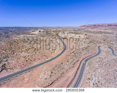 Mesa And Canyon Landscape And Utah State Route 313 Aerial View Near Arches National Park, Moab, Utah