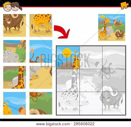 Cartoon Illustration Of Educational Jigsaw Puzzle Activity Game For Children With Wild Animals