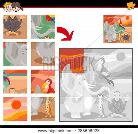 Cartoon Illustration Of Educational Jigsaw Puzzle Game For Children With Wild Animals