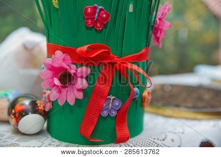 Semeni On Vintage Plate Decorated With Red Cord On National Style Table Cloth . Red Ribbon Connected