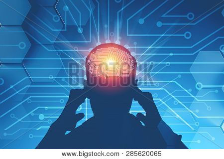Silhouette Of Man Thinking Hard With Circuit Brain Over Dark Blue Background With Circuits. Concept 