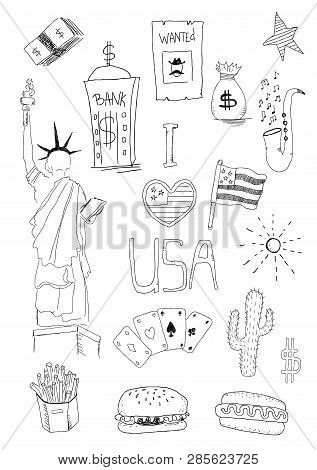 Usa New York Vector Hand Draw Doodles Set