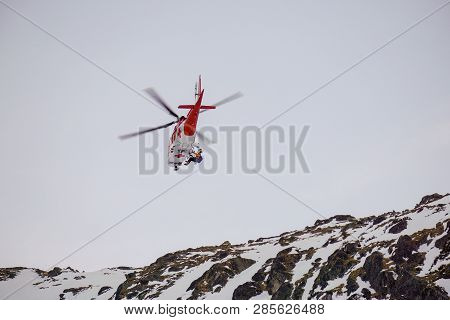Malá Studená Dolina - Vysoké Tatry/slovakia - February 15, 2019: Mountain Rescue Helicopter In The H