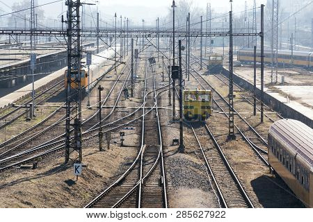 Complicated Railway Network With Power Lines And Freight Wagon For Track Maintanance, Sunny Day, Smi