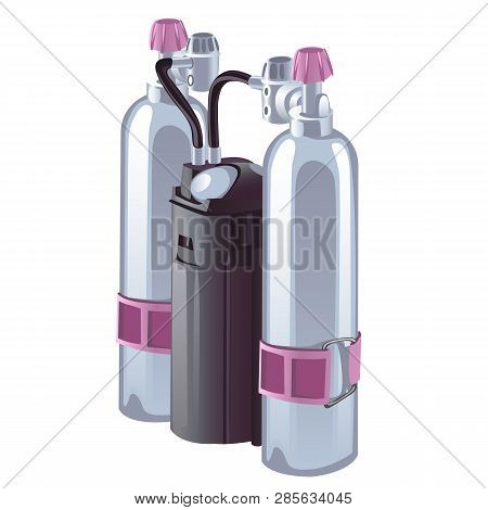 Gas Cylinders With Pressure Reducers For Breathing Isolated On White Background. Vector Cartoon Clos