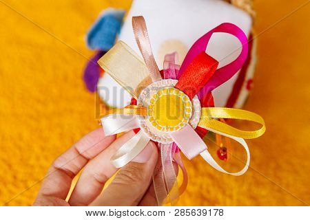 Colorful Hand Made Toy For Toddlers And Babies. Busy Cube. Soft  Baby Block Made Of Fabric To Develo