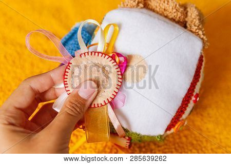 Colorful Hand Made Toy For Toddlers And Babies. Busy Cube. Soft  Baby Block Made Of Fabric To Develo