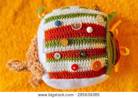 Colorful Hand Made Toy For Toddlers And Babies. Busy Cube. Soft  Baby Block Made Of Fabric To Develo