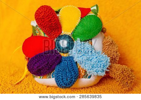 Colorful Hand Made Toy For Toddlers And Babies. Busy Cube. Soft  Baby Block Made Of Fabric To Develo
