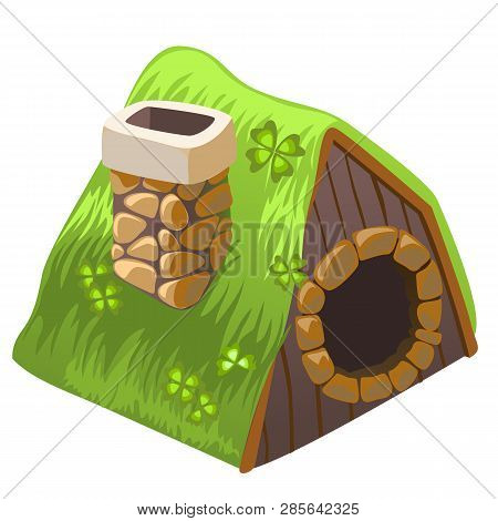Cute Fairy House Dugout With Chimney Isolated On White Background. Vector Cartoon Close-up Illustrat