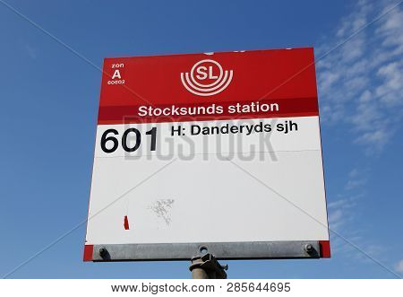 Stocksund, Sweden - June 28, 2016: Close-up Of The Bus Stop Sign At Stocksund Station Operated By Sl