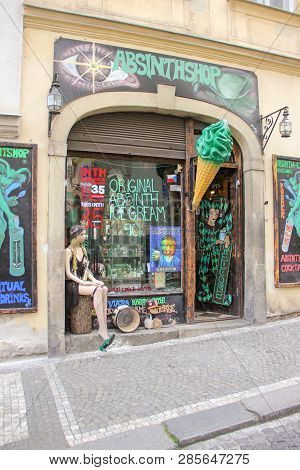 Prague Czech Republic -may 2016. A Picturesque Shop In The Old Town Selling Products Containing Absi