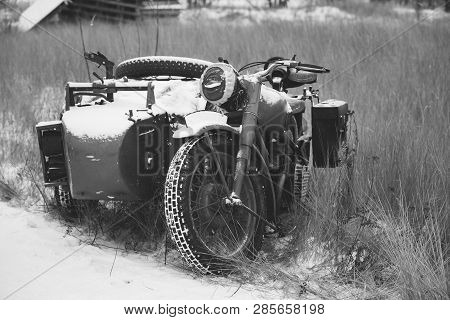 Old Tricar, Three-wheeled Motorbike Of Wehrmacht, Armed Forces Of Germany Of World War Ii Time In Wi