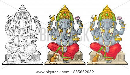 Ganpati With Mouse For Poster Ganesh Chaturthi. Engraving Vintage Vector