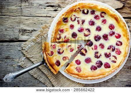 Sour Cream Cherry Pie, Homemade Baked Tart Stuffed With Cream Pudding And Cherry