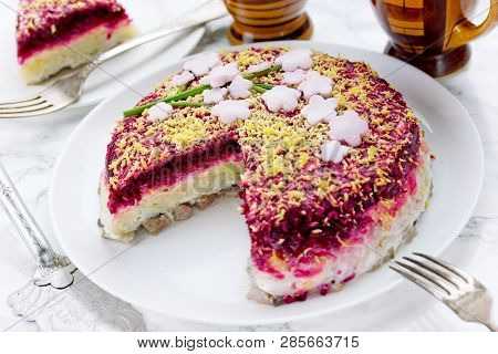 Herring Under Fur Coat Or Shuba Russian Salad Decorated For Easter
