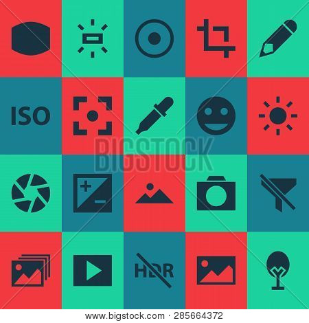 Picture Icons Set With Exposure, Shutter, Photographing And Other Mode Elements. Isolated Vector Ill