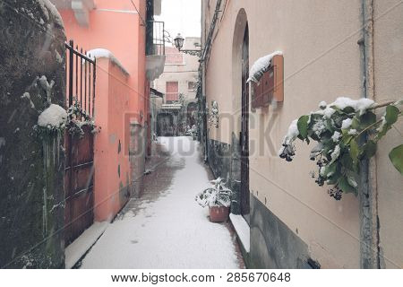 winter street in Adrano Old Town, Sicily