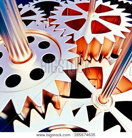 3D rendering of a mechanism of cogwheels in golden bronze shades ideal for backgrounds