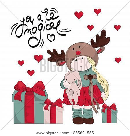 Magic Gifts Tilda Doll Merry Christmas And New Year Winter Cartoon Vector Illustration Set For Print