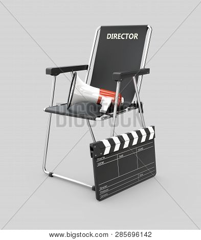 3d Illustration Of Movie Director Chair With Clapperboard And Megaphone