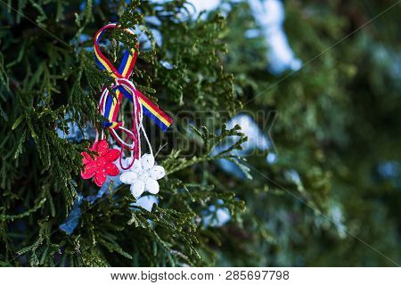 Symbol Of Friendship & Love - Martisor In Red And White String With Hanging Tassel. Martisor Is Roma