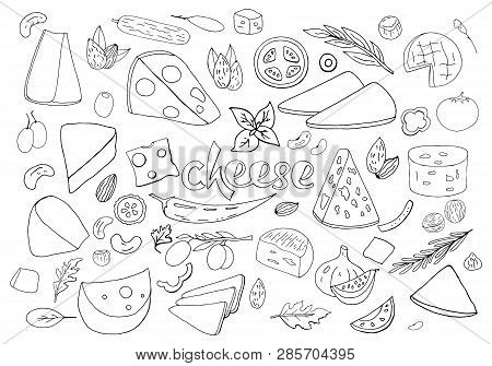 Set Of Hand-drawn Outline Cheese Elements Isolated On White Background.