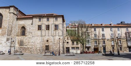 Burgos, Spain - April 24, 2018: Panorama Of The Plaza San Lesmes Square In Burgos, Spain
