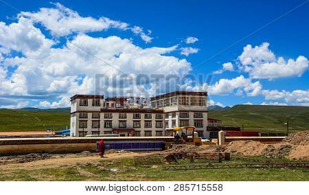 Sichuan, China - Aug 18, 2016. Modern Buildings Near Yarchen Gar Monastery In Garze Tibetan, Sichuan