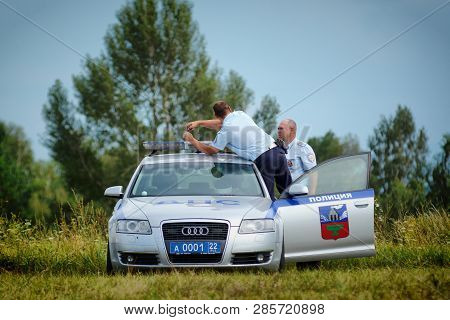 Altai, Russia-july 24, 2018. A Police Patrol Car With The Number 001 Grey