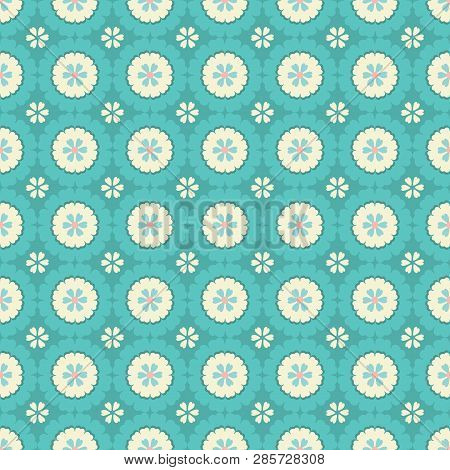 Vector Vintage Blue And Cream Geometric Flowers Seamless Repeat Pattern Background.