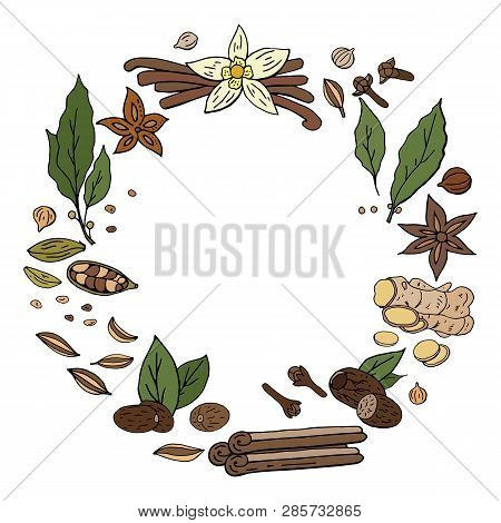 Vector Hand Drwan Spices Wreath Isolated On White Background