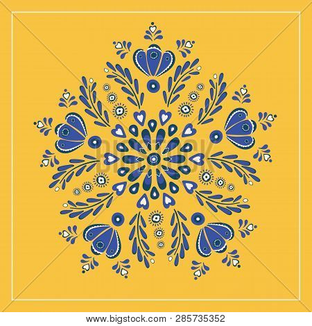 Blue And Yellow Floral Folk Design, Ideal For For Fabric, Embroidery, Or Card. Vector Illustration