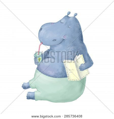 Funny Watercolor Hippo Character. Digital Art Animal Blue Hippopotamus. Tropical Summer Set Illustra