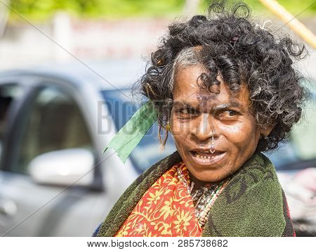 Puduchery, India - December Circa, 2018. Unidentified 60 Year Old Begging Woman On The Street Of Sma