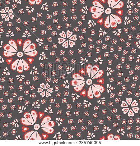 Vector Tossed Pretty Floral Red, Cream And Pink Seamless Repeat Pattern Background.