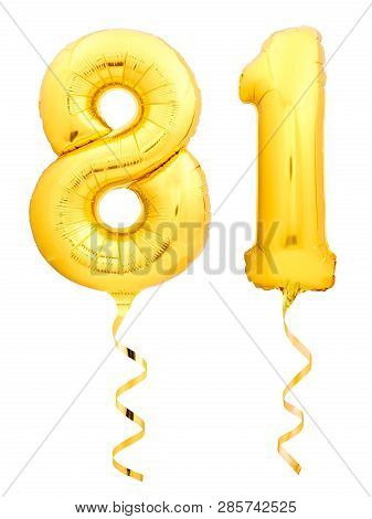 Golden Number Eighty One 81 Made Of Inflatable Balloon With Ribbon On White