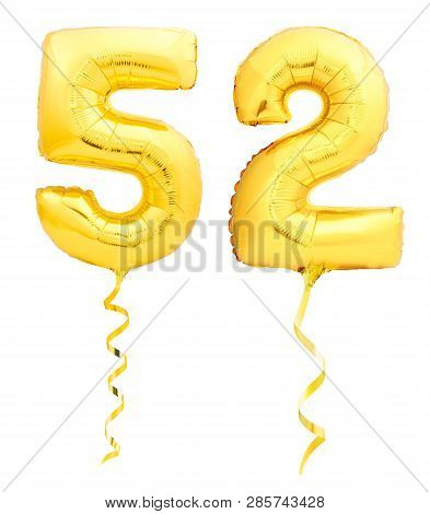 Golden Number Fifty Two 52 Made Of Inflatable Balloon With Ribbon On White
