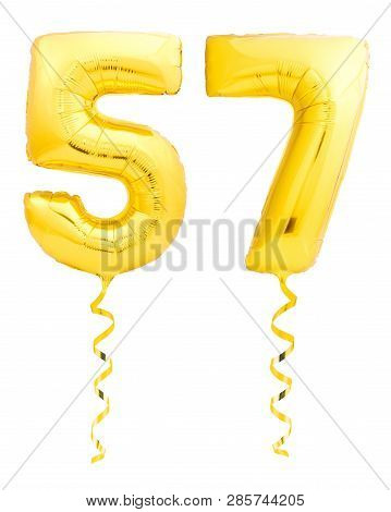 Golden Number Fifty Seven 57 Made Of Inflatable Balloon With Ribbon On White