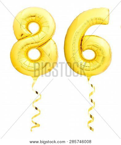 Golden Number Eighty Six 86 Made Of Inflatable Balloon With Ribbon On White