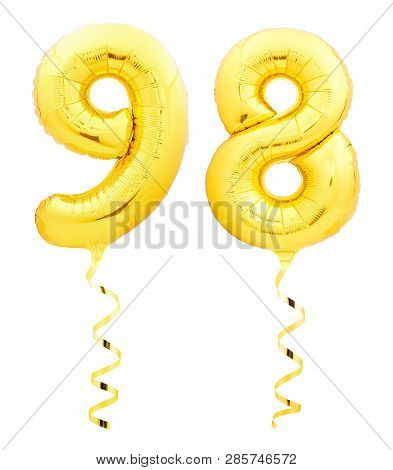 Golden Number Ninety Eight 98 Made Of Inflatable Balloon With Ribbon On White