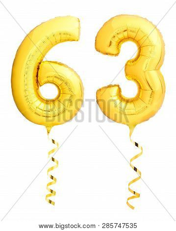 Golden Number Sixty Three 63 Made Of Inflatable Balloon With Ribbon On White