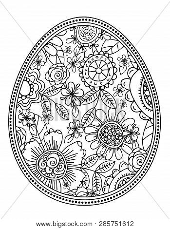 Vector Easter Eggs With Floral Pattern For Coloring Book. Hand-drawn Decorative Elements In Vector. 
