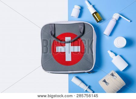 Flat Lay Composition With First Aid Kit Color Blue White On Background, Flat Lay, Top View